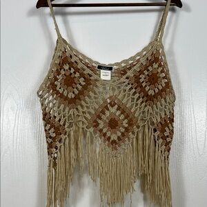 Bohemian Crochet Fringe Crop Top - Beige and Brown